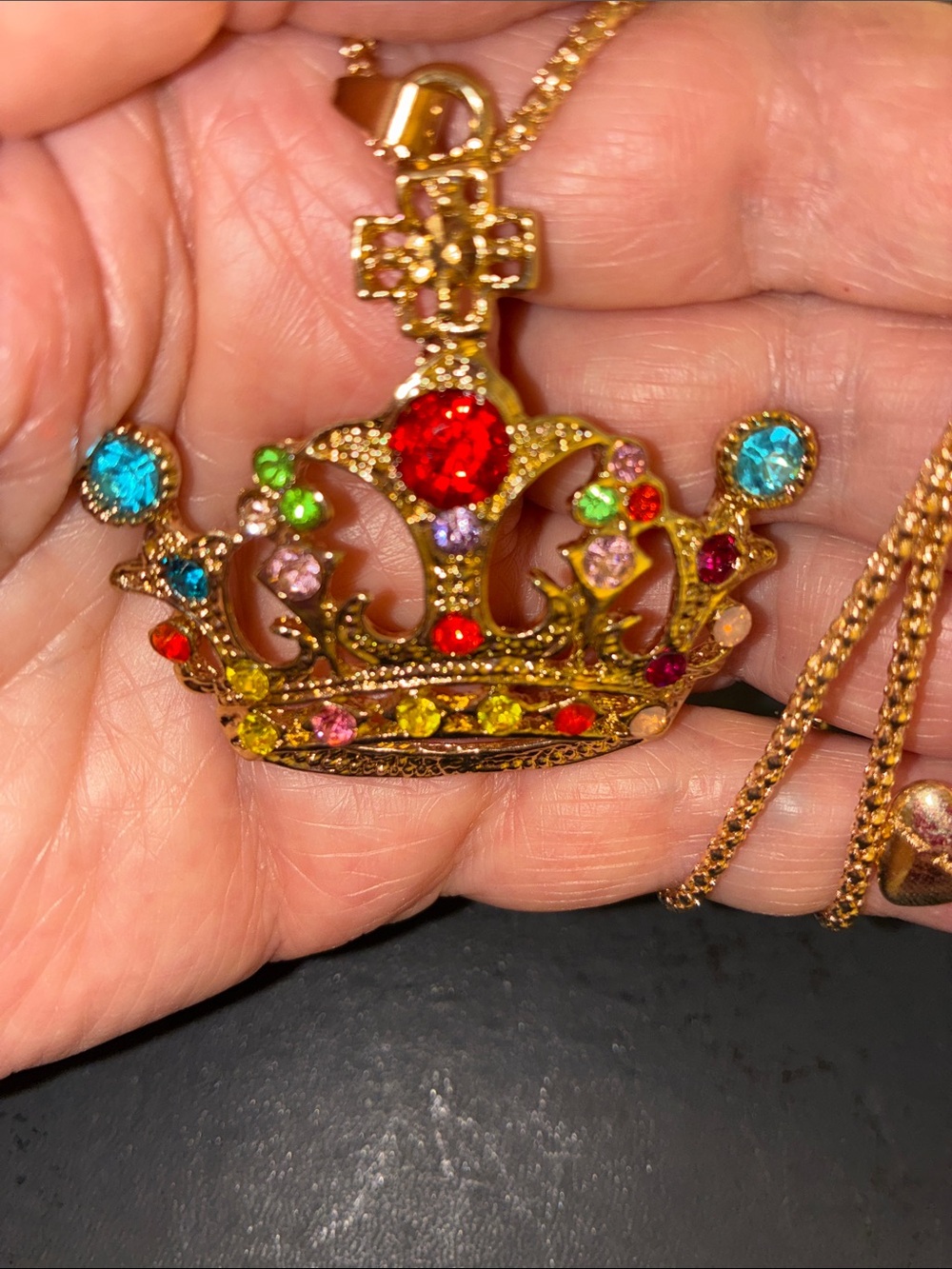 Gold-Tone Crown Pendant Necklace with Multicolor Gemstones